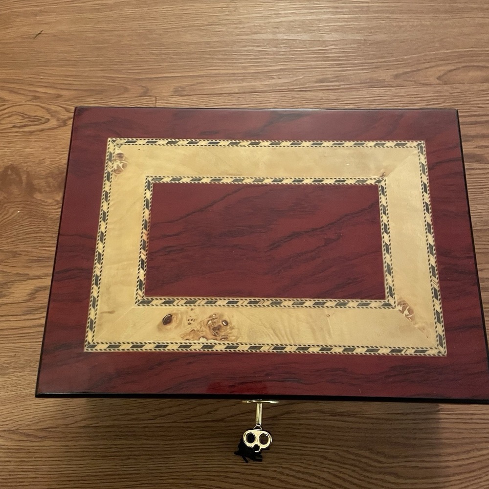 Vintage High Gloss Jewelry Valet Box Burlwood Inlay Removable Tray 11 X 8 X 4